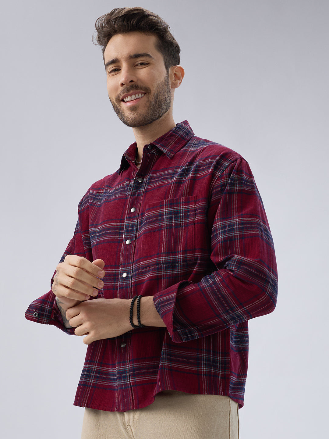 Blood Red Tartan Checks Boxy Fit Flannel Crop Shirt