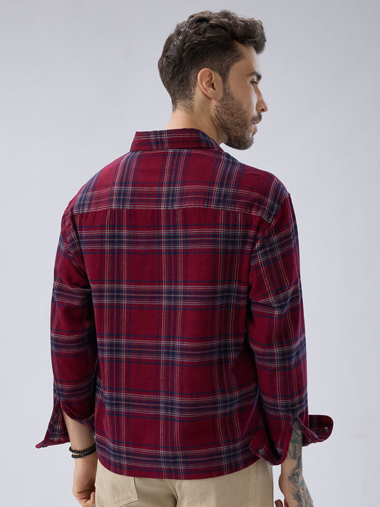 Blood Red Tartan Checks Boxy Fit Flannel Crop Shirt
