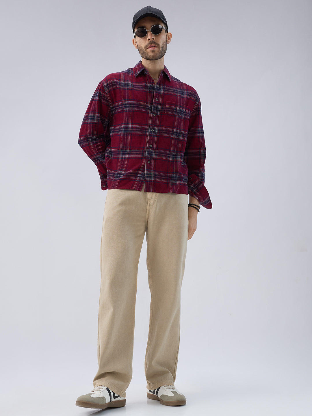 Blood Red Tartan Checks Boxy Fit Flannel Crop Shirt