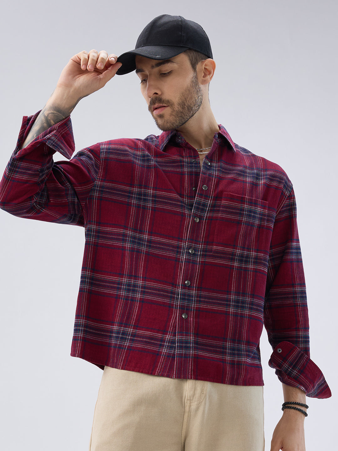 Blood Red Tartan Checks Boxy Fit Flannel Crop Shirt