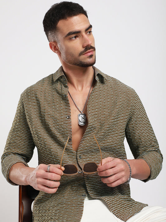 Contrast Wave Olive Horizontal Textured Shirt
