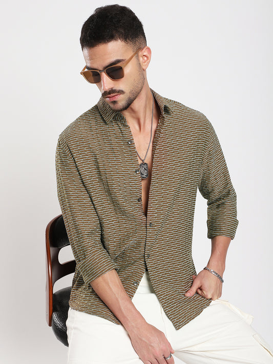 Contrast Wave Olive Horizontal Textured Shirt