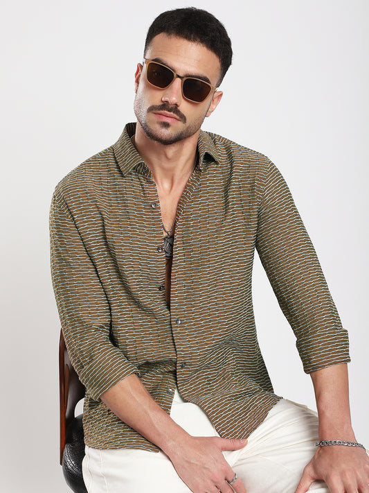 Contrast Wave Olive Horizontal Textured Shirt