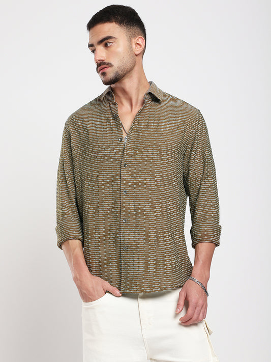 Contrast Wave Olive Horizontal Textured Shirt