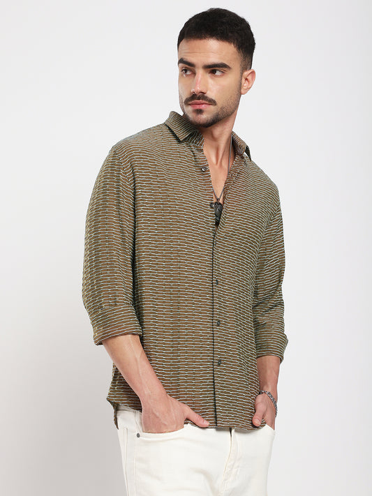 Contrast Wave Olive Horizontal Textured Shirt