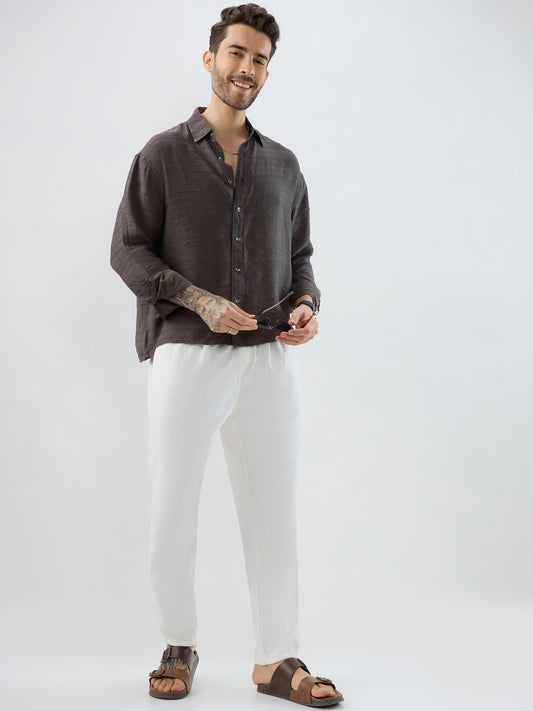 Rustic Brown Horizontal Textured Boxy Fit Crop Shirt