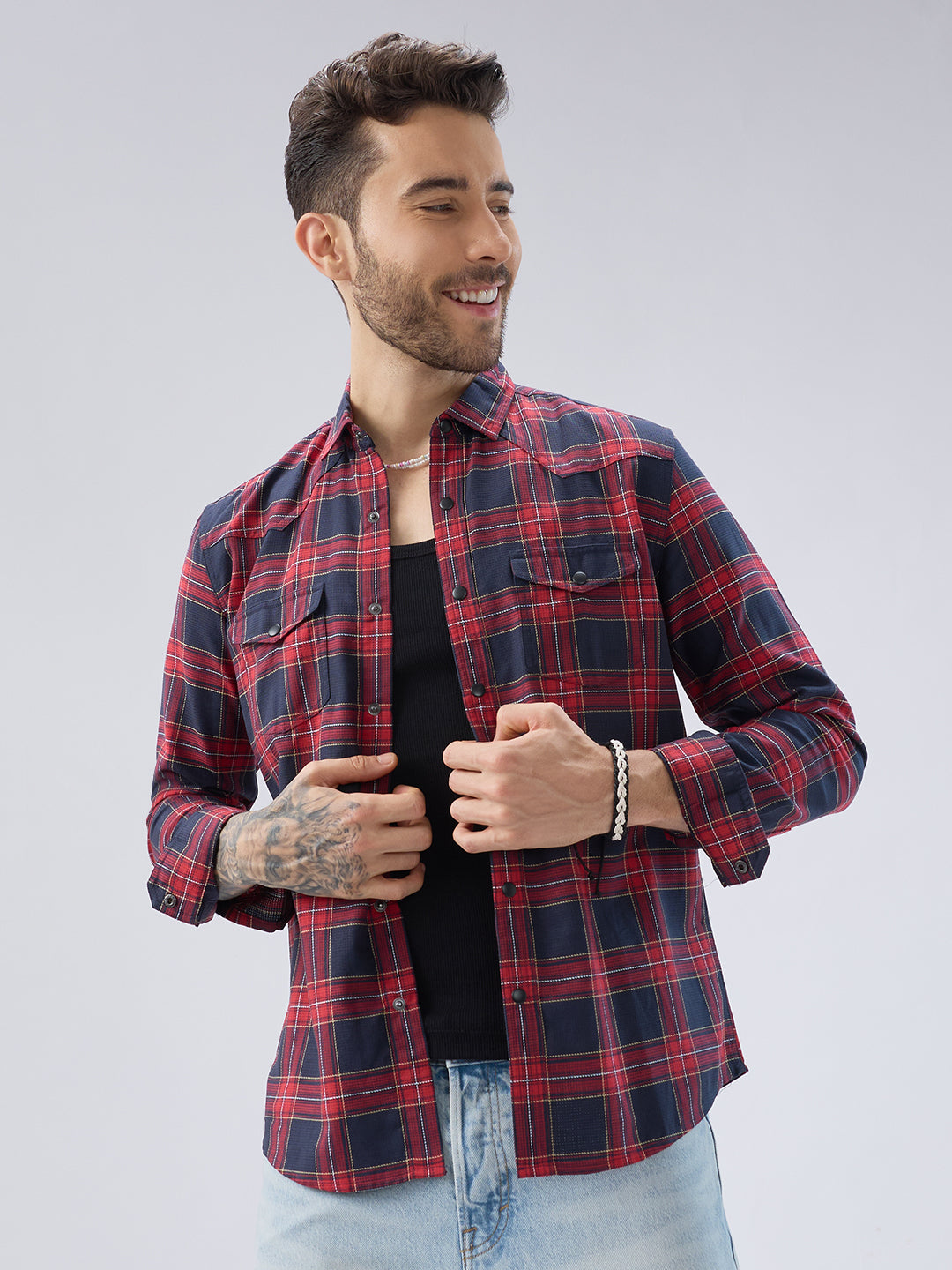 Majestic Red & Navy Tartan Checkered Twin Pocket Shirt