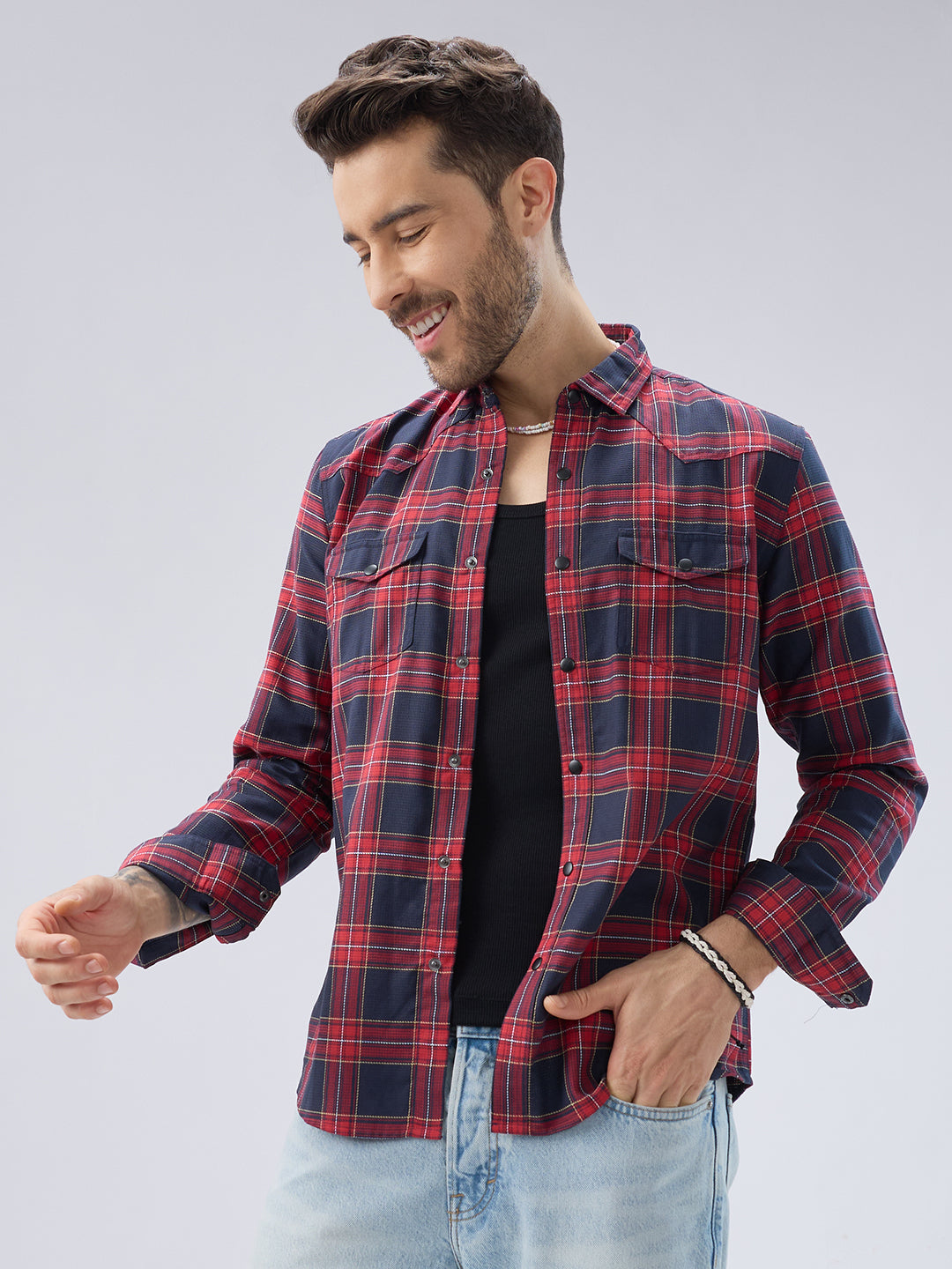 Majestic Red & Navy Tartan Checkered Twin Pocket Shirt