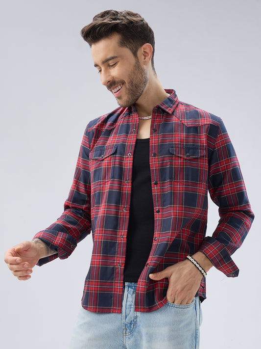 Majestic Red & Navy Tartan Checkered Twin Pocket Shirt