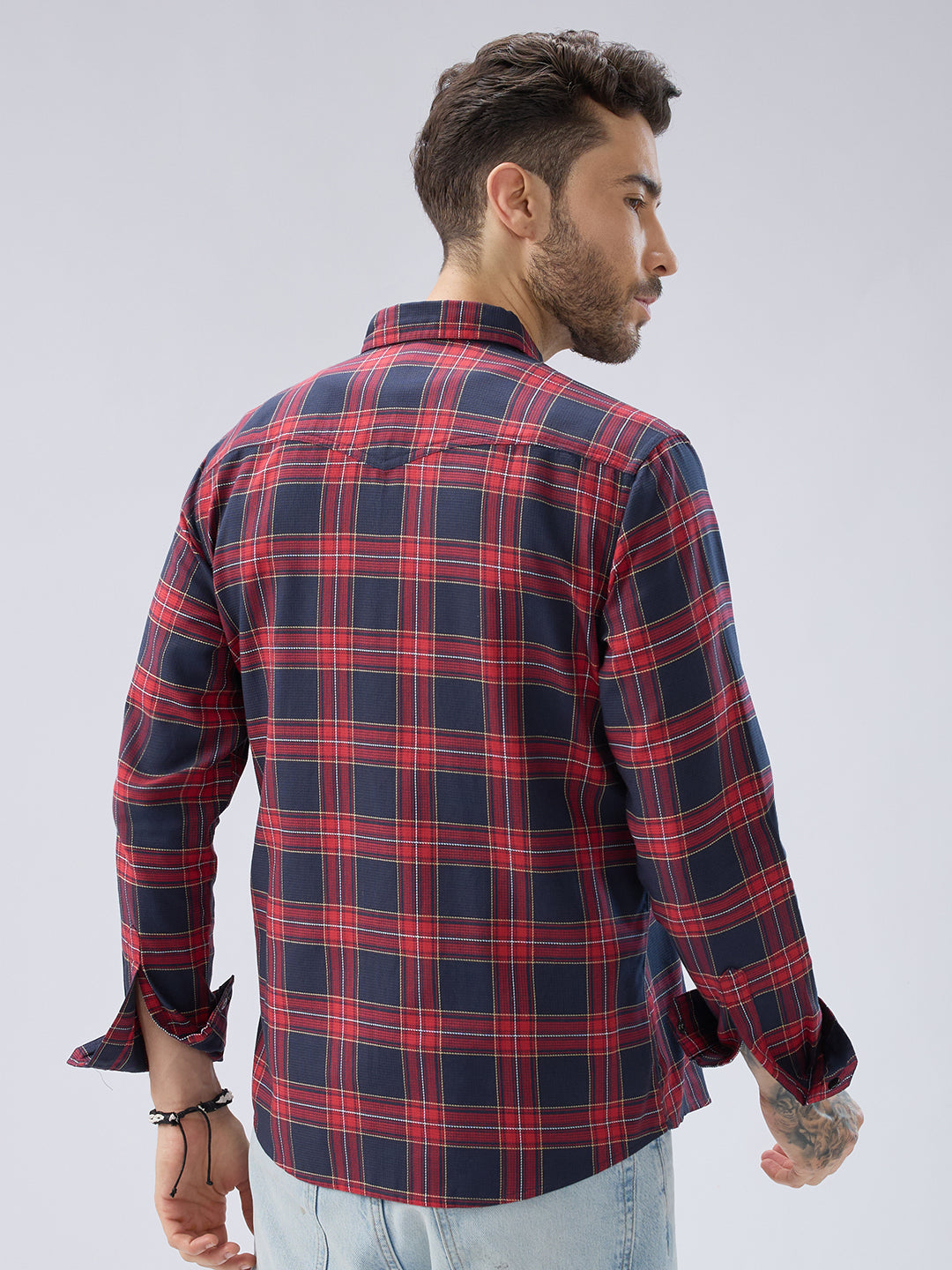 Majestic Red & Navy Tartan Checkered Twin Pocket Shirt