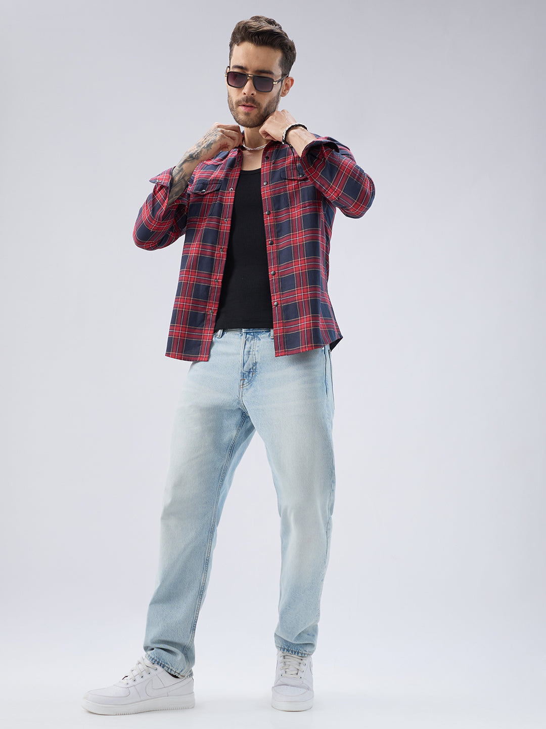 Majestic Red & Navy Tartan Checkered Twin Pocket Shirt