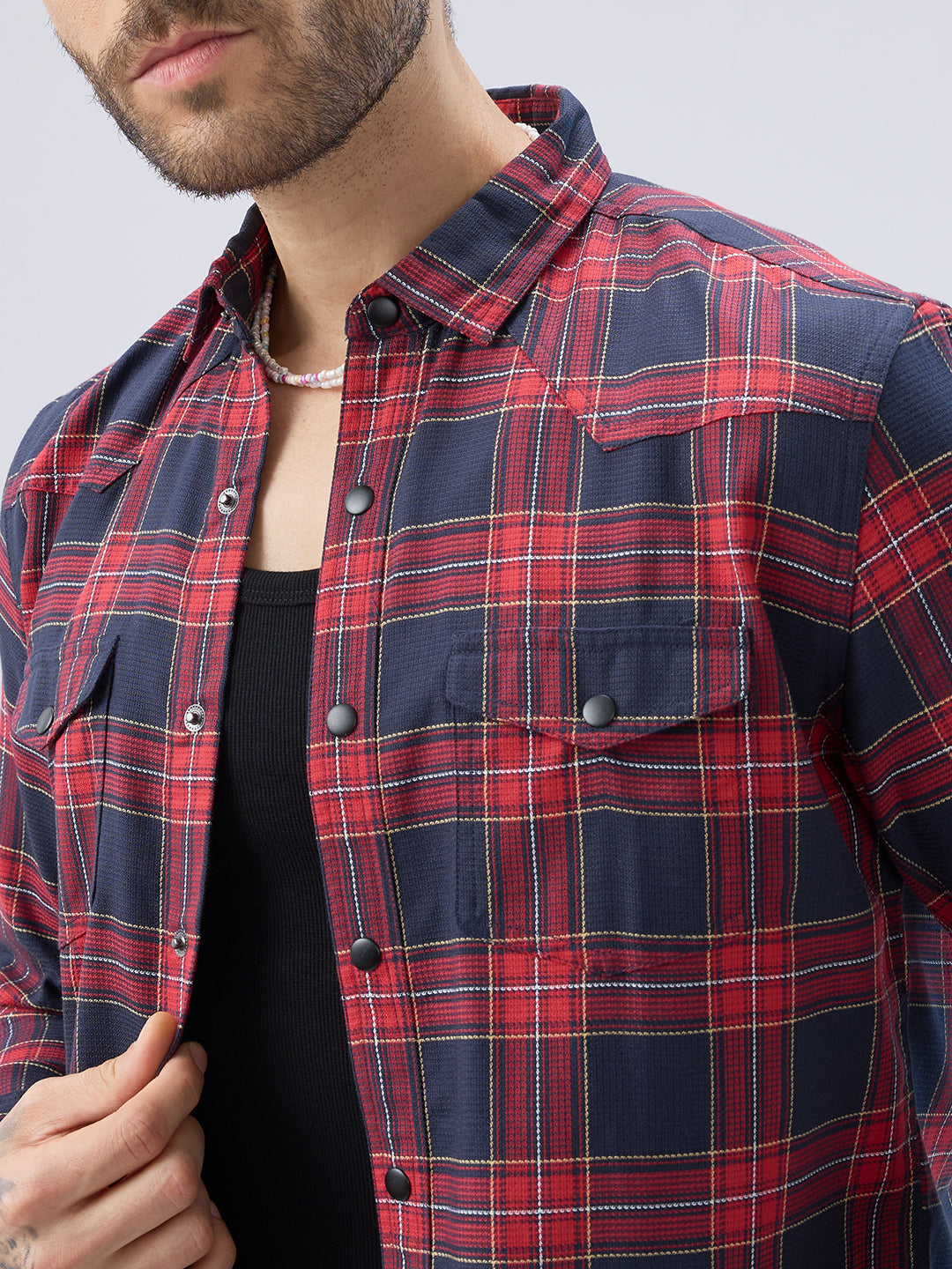 Majestic Red & Navy Tartan Checkered Twin Pocket Shirt