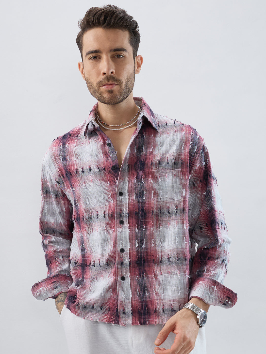 Dusty Red & Grey Distressed Checks Boxy Fit Crop Shirt