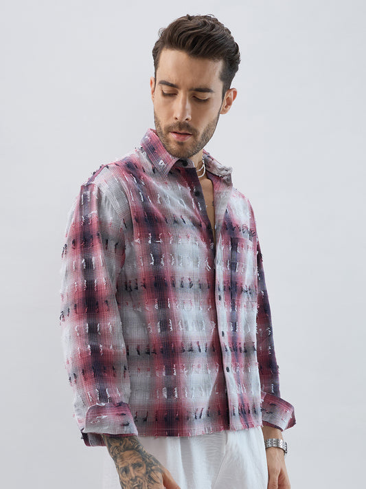 Dusty Red & Grey Distressed Checks Boxy Fit Crop Shirt