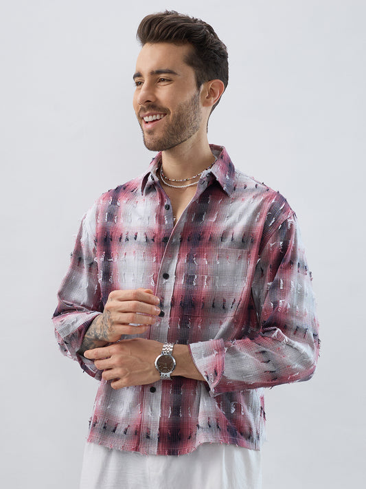 Dusty Red & Grey Distressed Checks Boxy Fit Crop Shirt