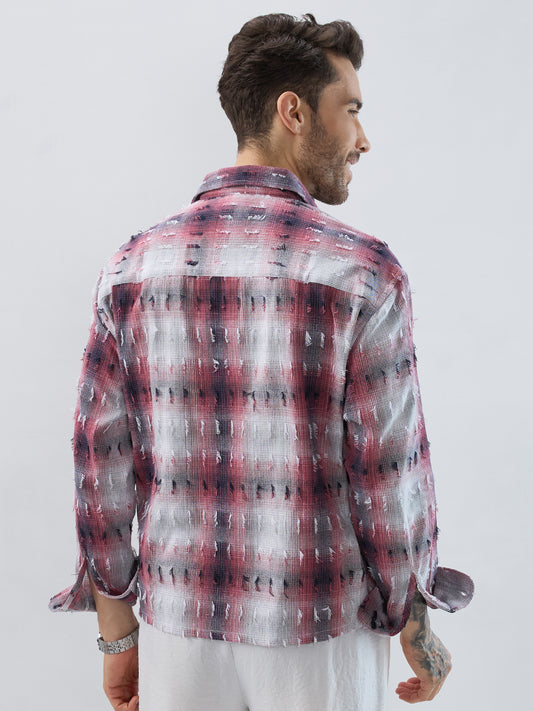 Dusty Red & Grey Distressed Checks Boxy Fit Crop Shirt