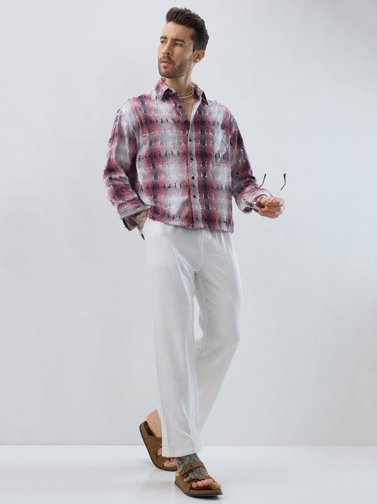 Dusty Red & Grey Distressed Checks Boxy Fit Crop Shirt