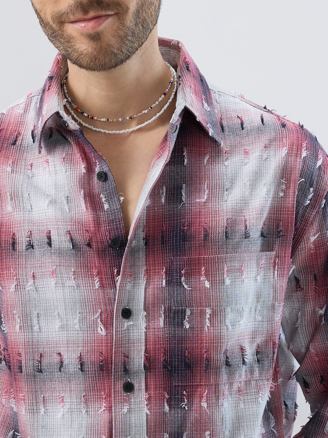 Dusty Red & Grey Distressed Checks Boxy Fit Crop Shirt