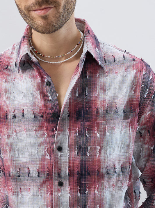 Dusty Red & Grey Distressed Checks Boxy Fit Crop Shirt