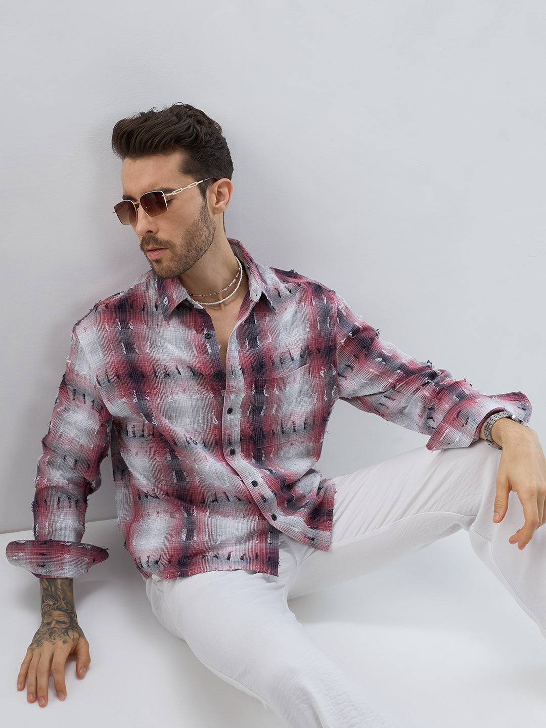 Dusty Red & Grey Distressed Checks Boxy Fit Crop Shirt