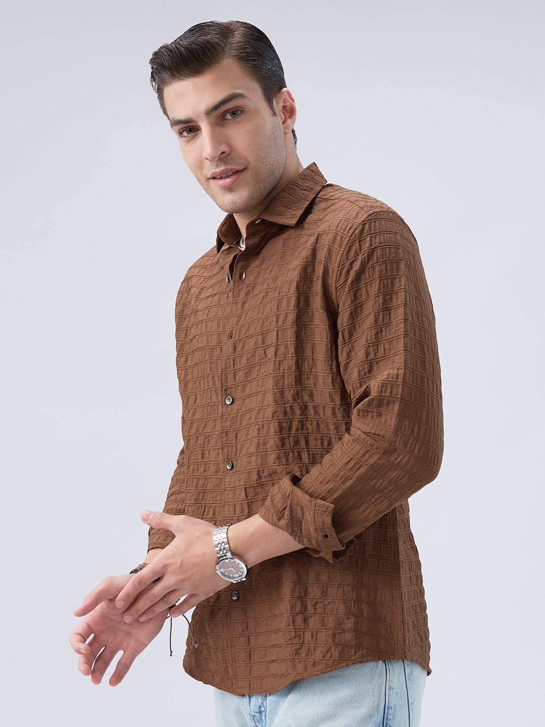 Brown Horizontal Stripes Textured Crinkled Shirt