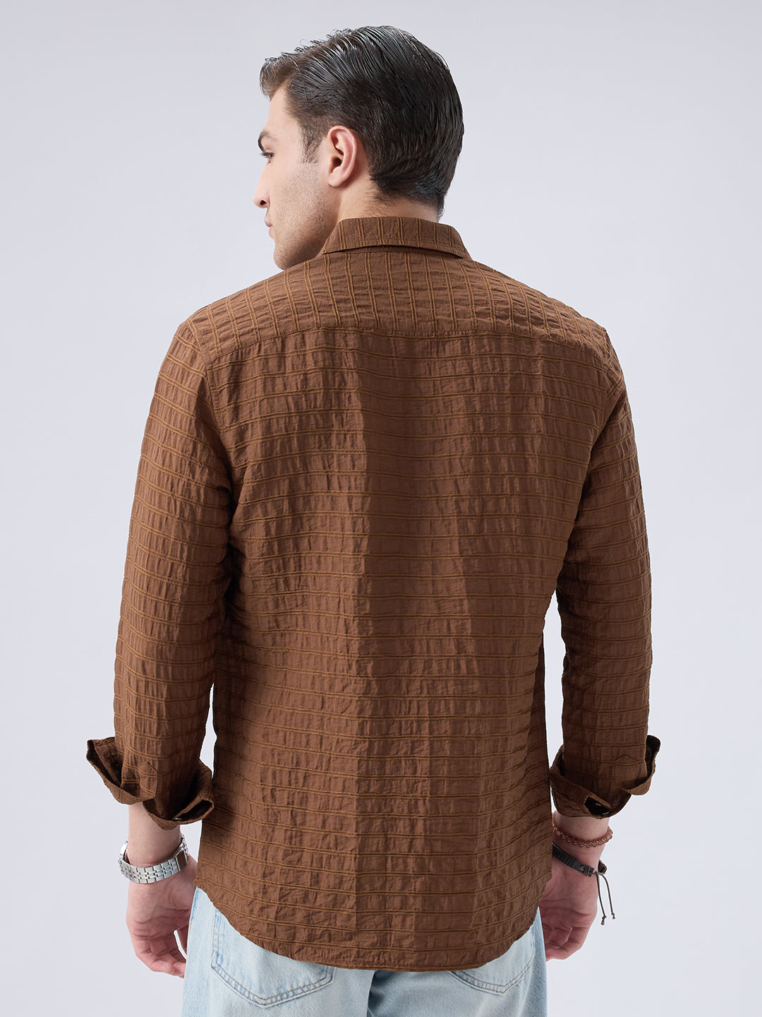 Brown Horizontal Stripes Textured Crinkled Shirt