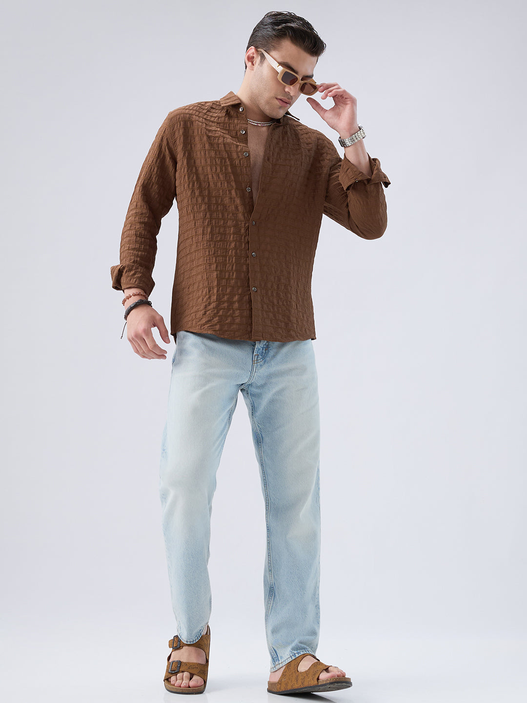 Brown Horizontal Stripes Textured Crinkled Shirt