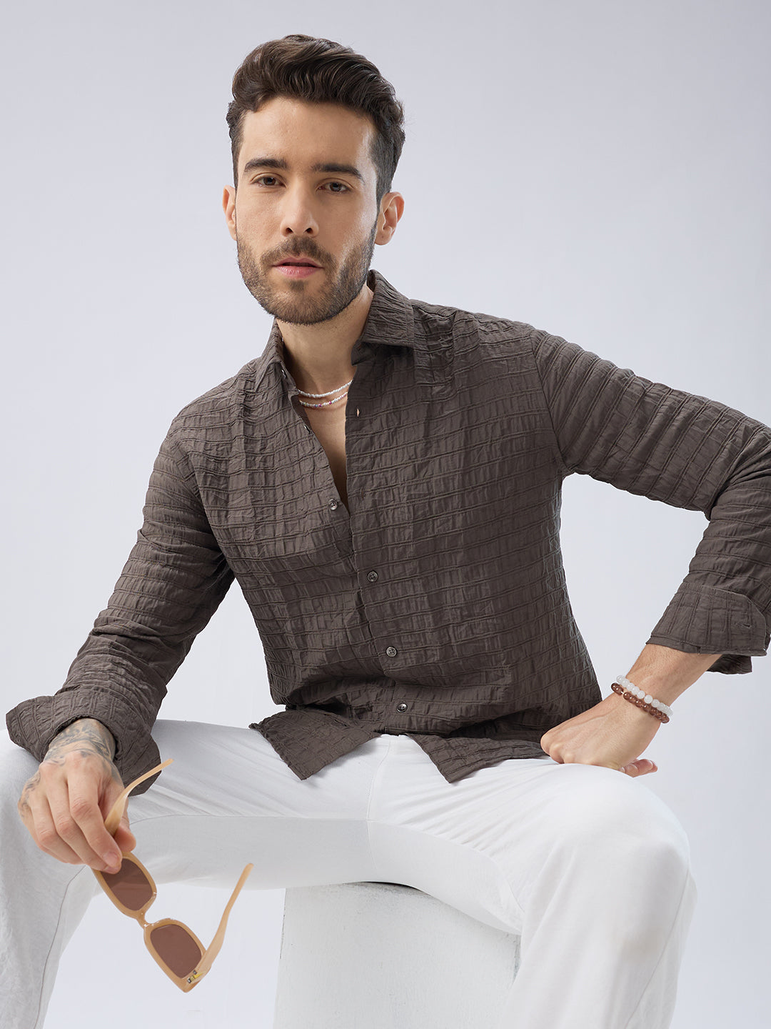 Ash Grey Striped Textured Crinkled Shirt