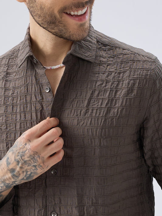 Ash Grey Striped Textured Crinkled Shirt