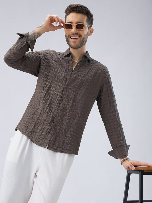 Ash Grey Striped Textured Crinkled Shirt