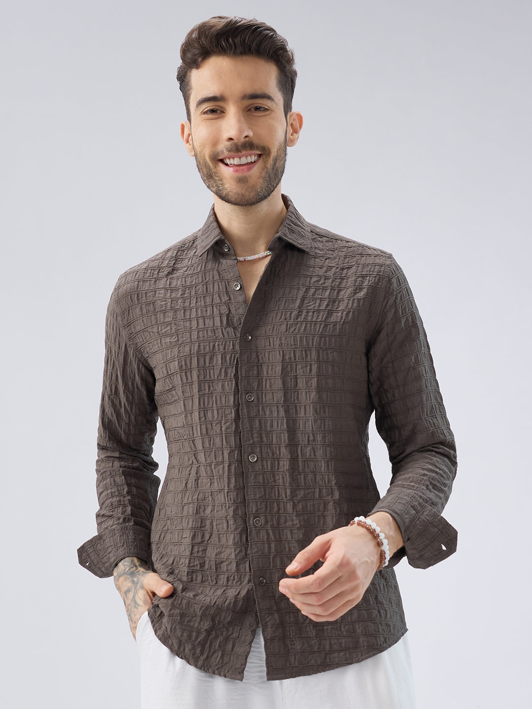 Ash Grey Striped Textured Crinkled Shirt