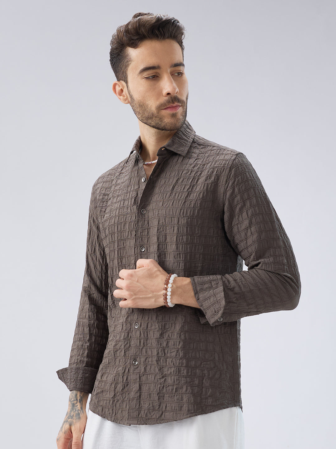 Ash Grey Striped Textured Crinkled Shirt