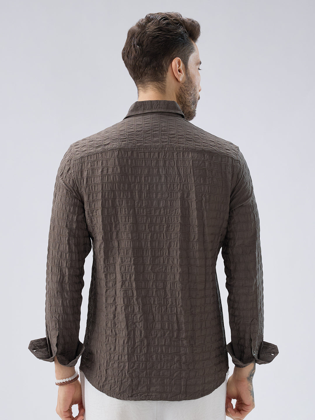Ash Grey Striped Textured Crinkled Shirt