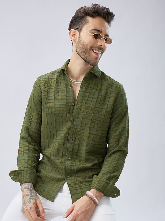 Moss Green Architectural Jacquard Weave Shirt