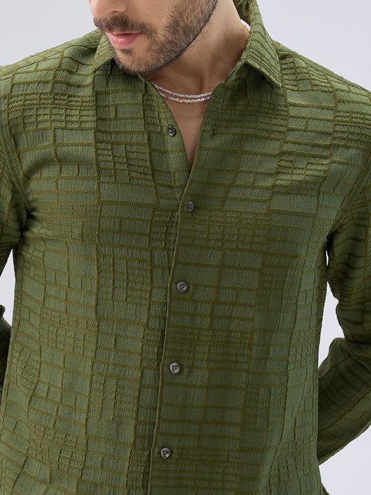 Moss Green Architectural Jacquard Weave Shirt