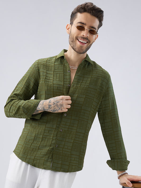Moss Green Architectural Jacquard Weave Shirt
