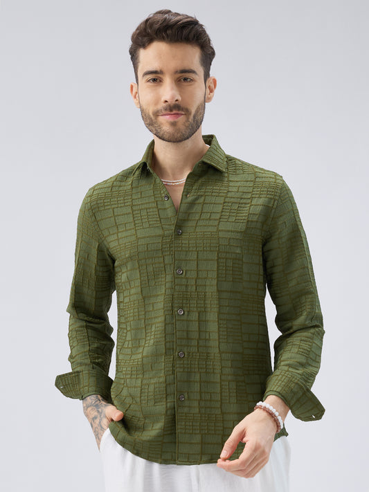 Moss Green Architectural Jacquard Weave Shirt