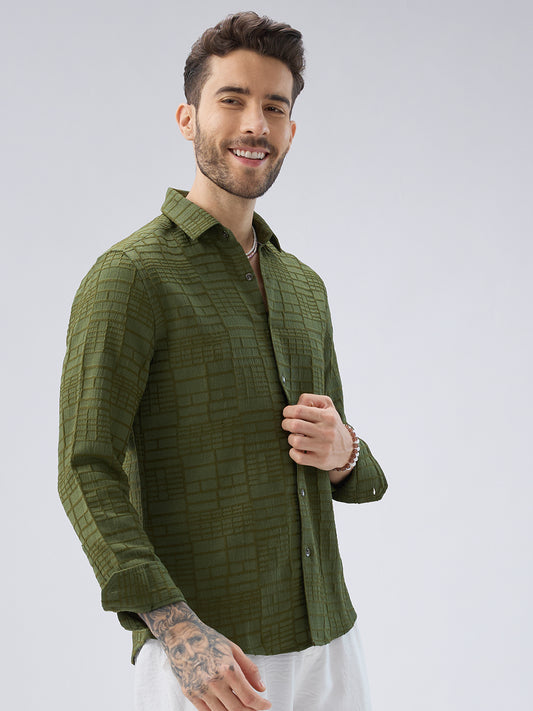 Moss Green Architectural Jacquard Weave Shirt