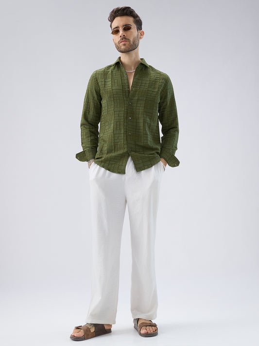 Moss Green Architectural Jacquard Weave Shirt