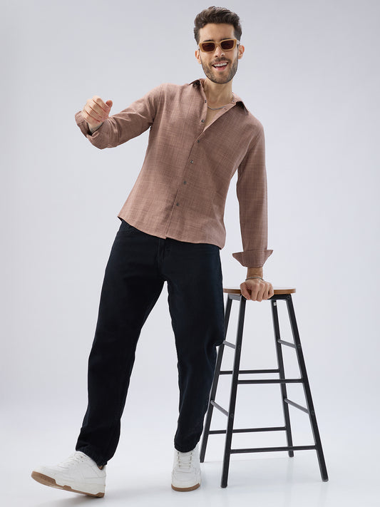 Walnut Brown Subtle Weave Textured Shirt