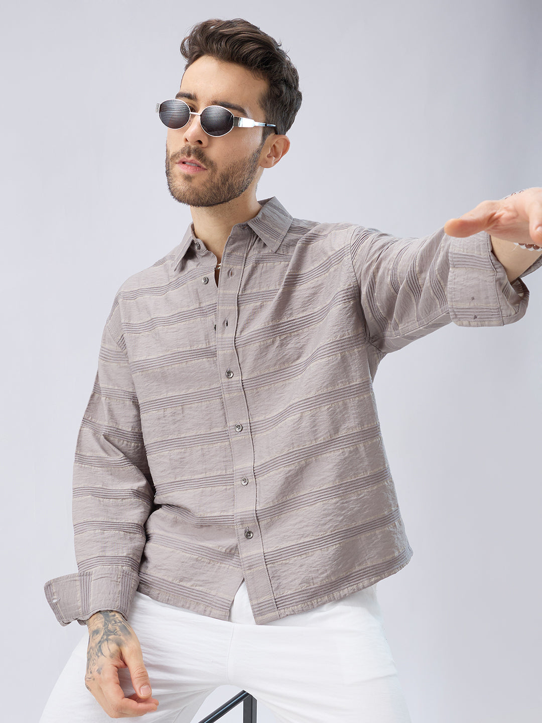 Misty Grey Textured Stripe Boxy Fit Crop Shirt