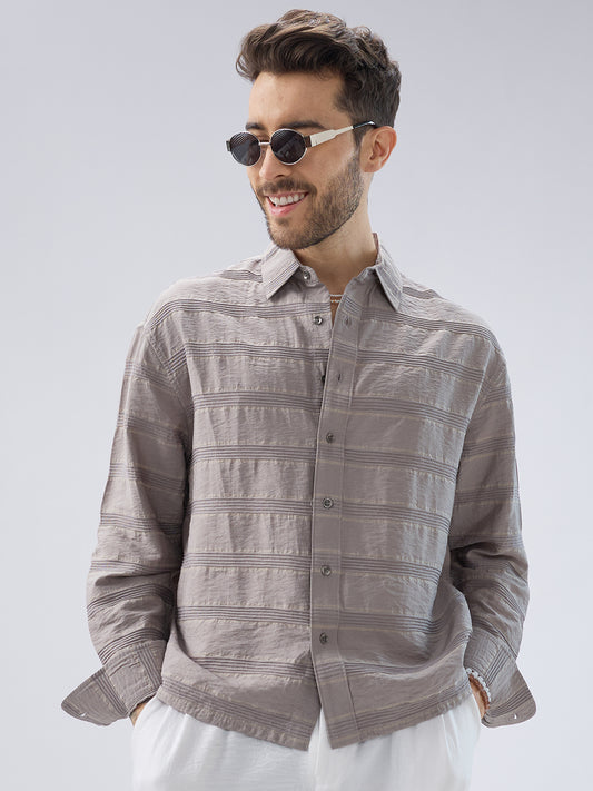 Misty Grey Textured Stripe Boxy Fit Crop Shirt