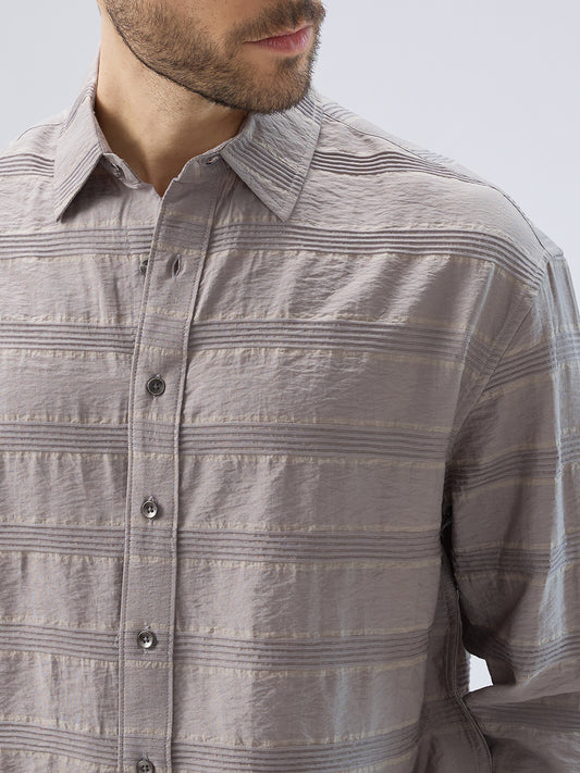 Misty Grey Textured Stripe Boxy Fit Crop Shirt
