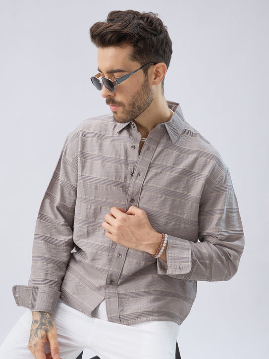 Misty Grey Textured Stripe Boxy Fit Crop Shirt