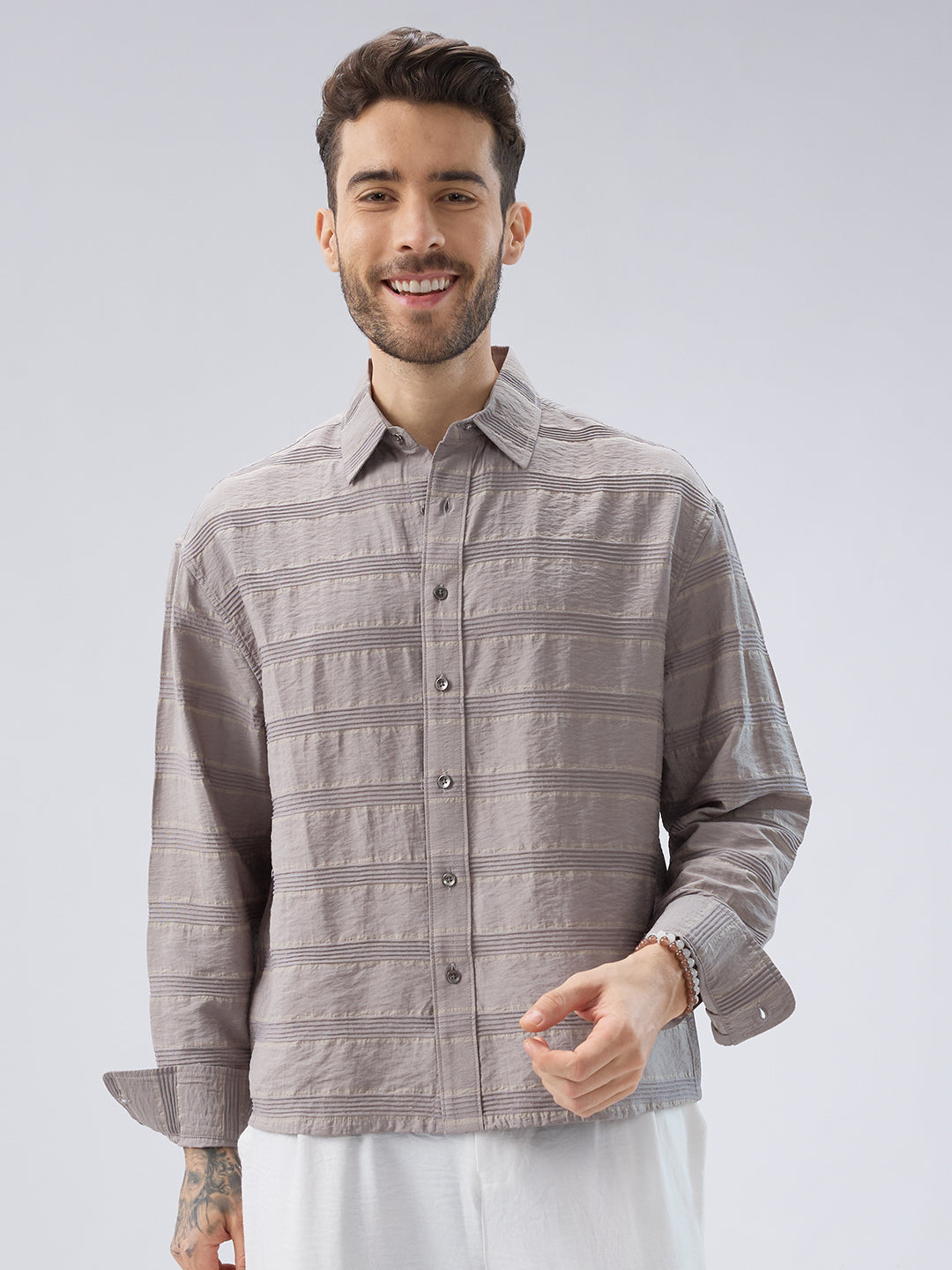 Misty Grey Textured Stripe Boxy Fit Crop Shirt