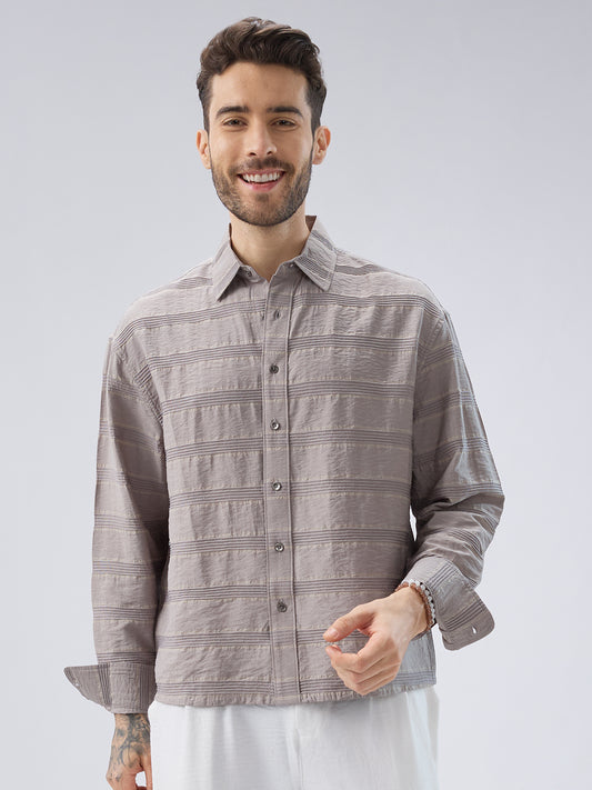 Misty Grey Textured Stripe Boxy Fit Crop Shirt