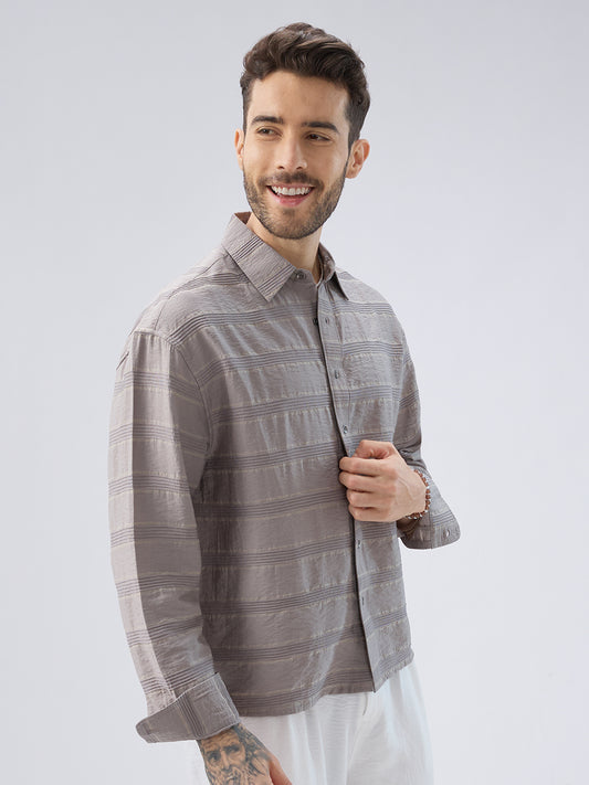 Misty Grey Textured Stripe Boxy Fit Crop Shirt