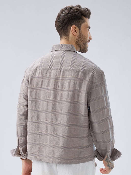 Misty Grey Textured Stripe Boxy Fit Crop Shirt