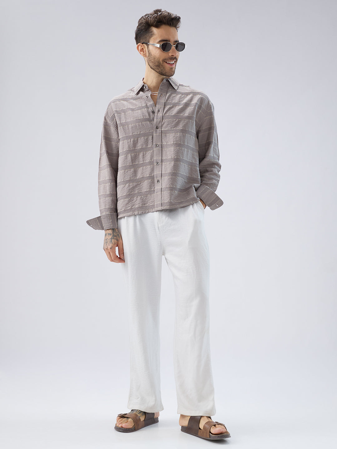 Misty Grey Textured Stripe Boxy Fit Crop Shirt