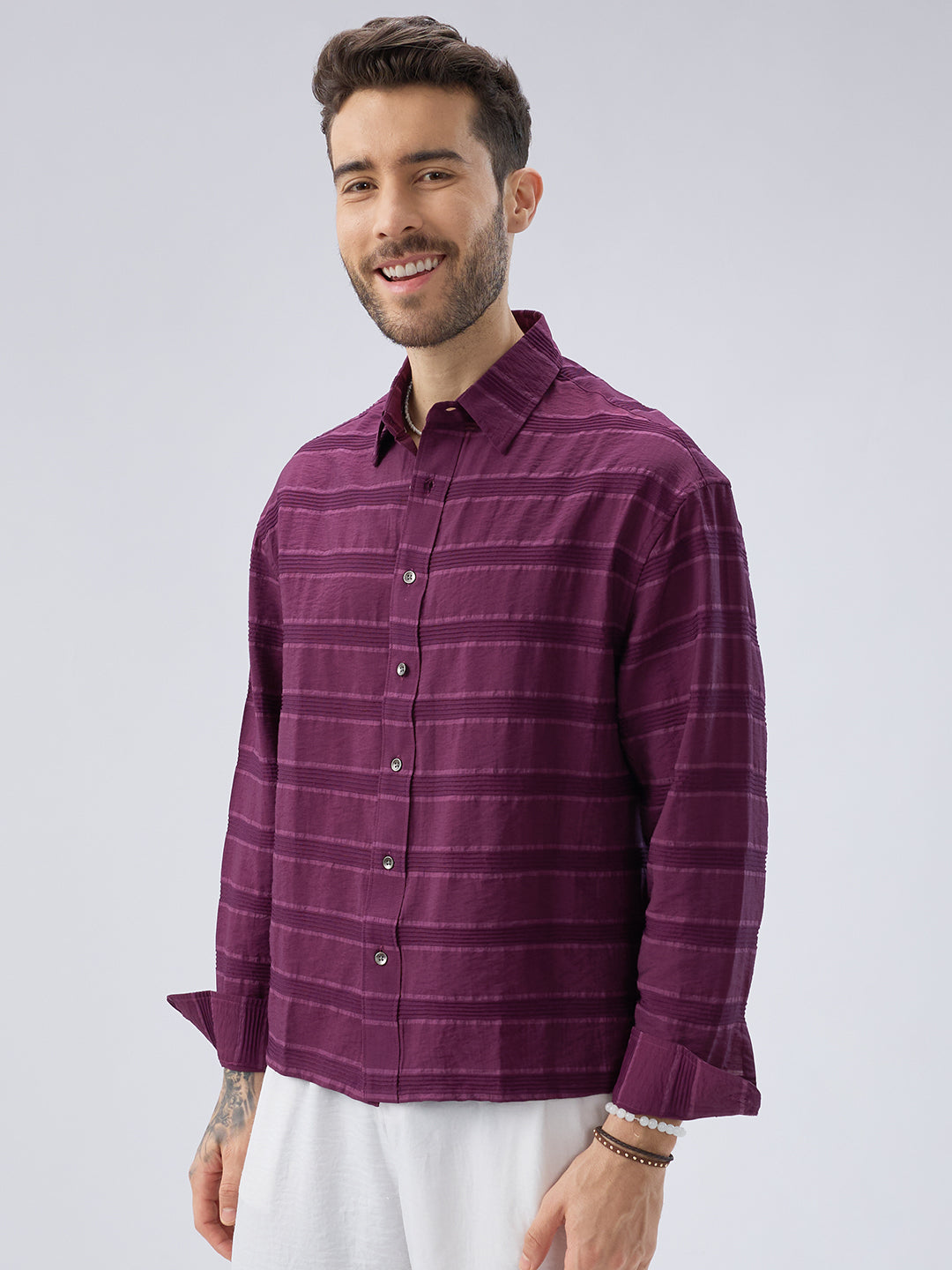 Crushed Wine Textured Oversized Boxy Fit Crop Shirt